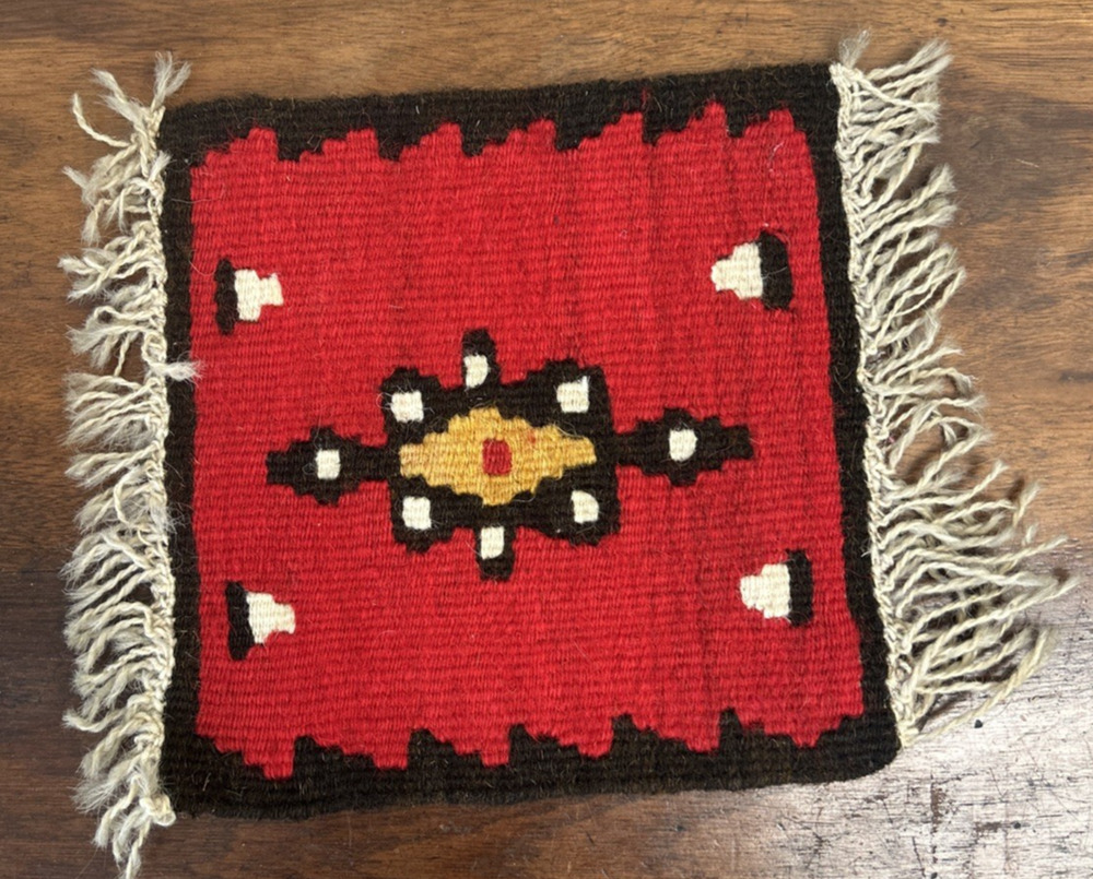 Vintage Handwoven Wool Kilim Mini Rug Red Geometric Tribal Square 8” x 8”